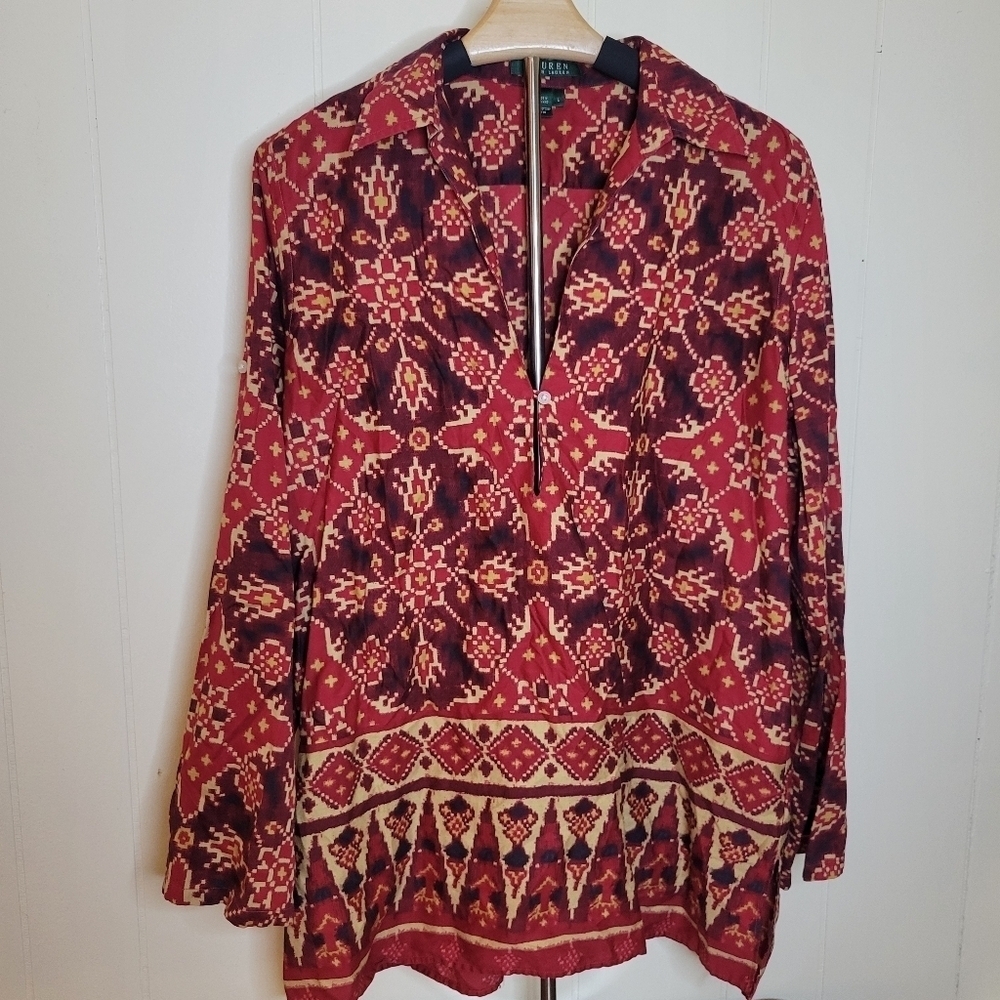 Vintage Lauren Ralph Lauren Cotton Red Gold Medallion Ikat Tunic Blouse - Picture 2 of 9